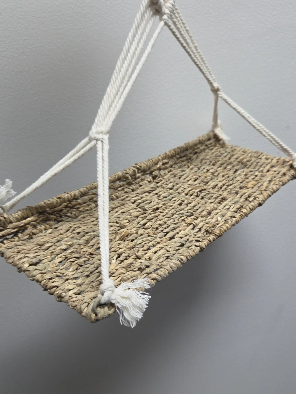 Natural Woven Hanging Shelf with Cream Macramé Rope
